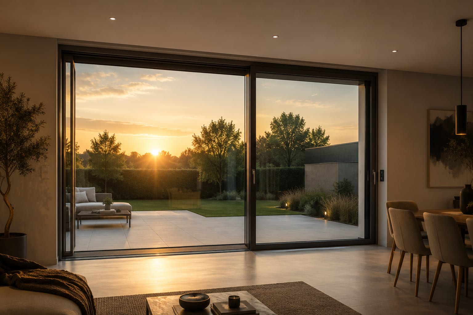 Bodentiefe Schiebetür in einem Wohnraum, geöffneter Blick auf eine Terrasse im Abendlicht